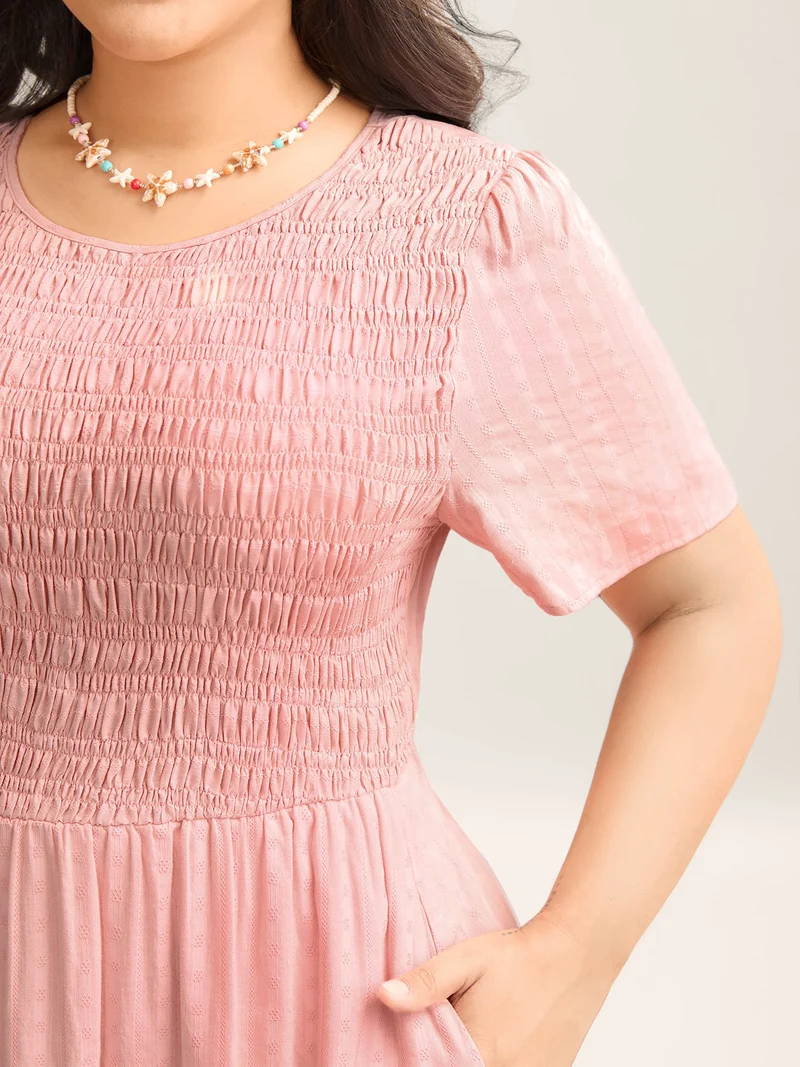 Cotton Textured Shirred Bodice Pleated Midi Dress
