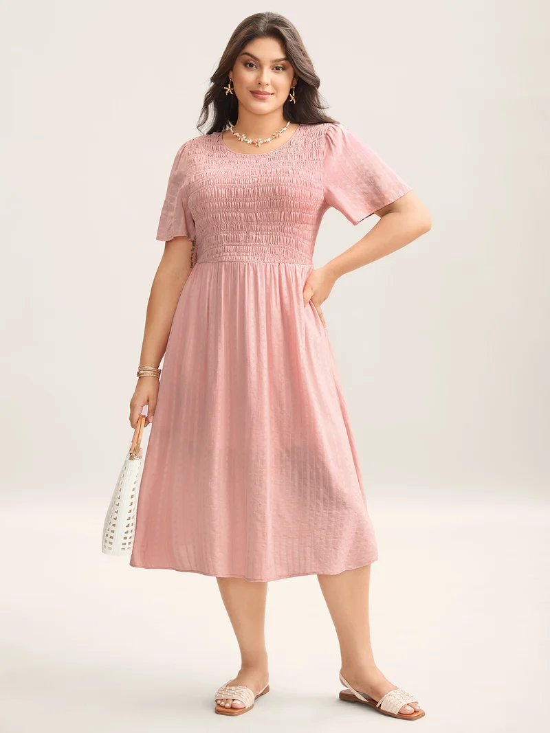 Cotton Textured Shirred Bodice Pleated Midi Dress