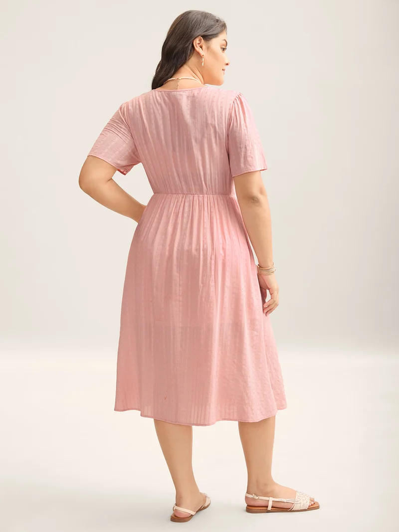 Cotton Textured Shirred Bodice Pleated Midi Dress