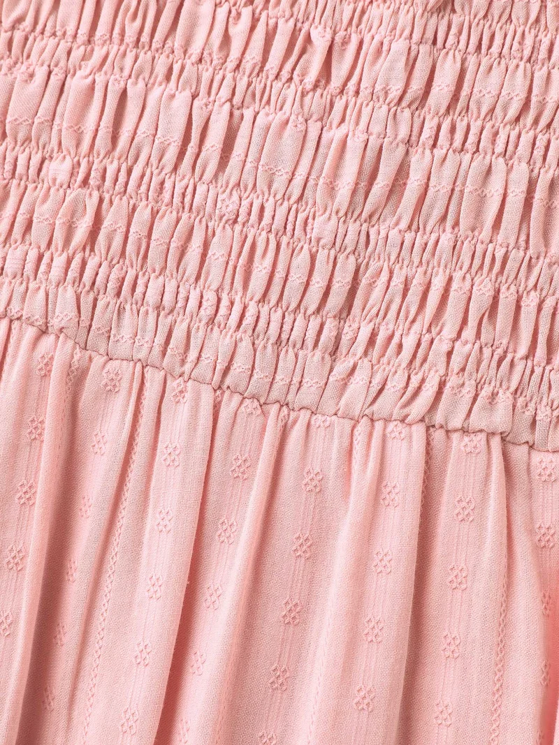 Cotton Textured Shirred Bodice Pleated Midi Dress