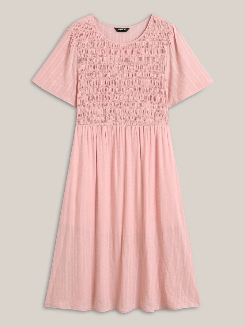 Cotton Textured Shirred Bodice Pleated Midi Dress