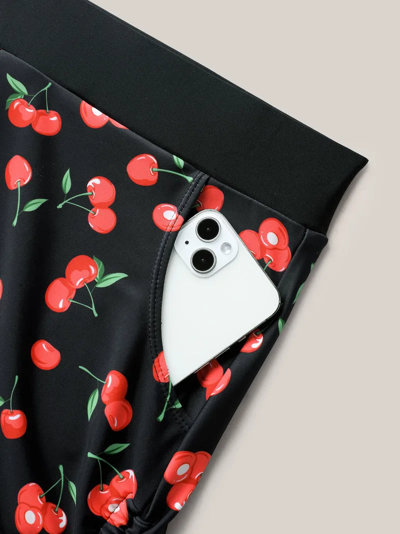 Cherry Print Adjustable Drawstring Swim Bottoms