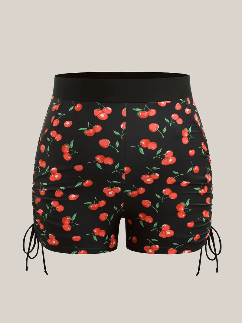 Cherry Print Adjustable Drawstring Swim Bottoms