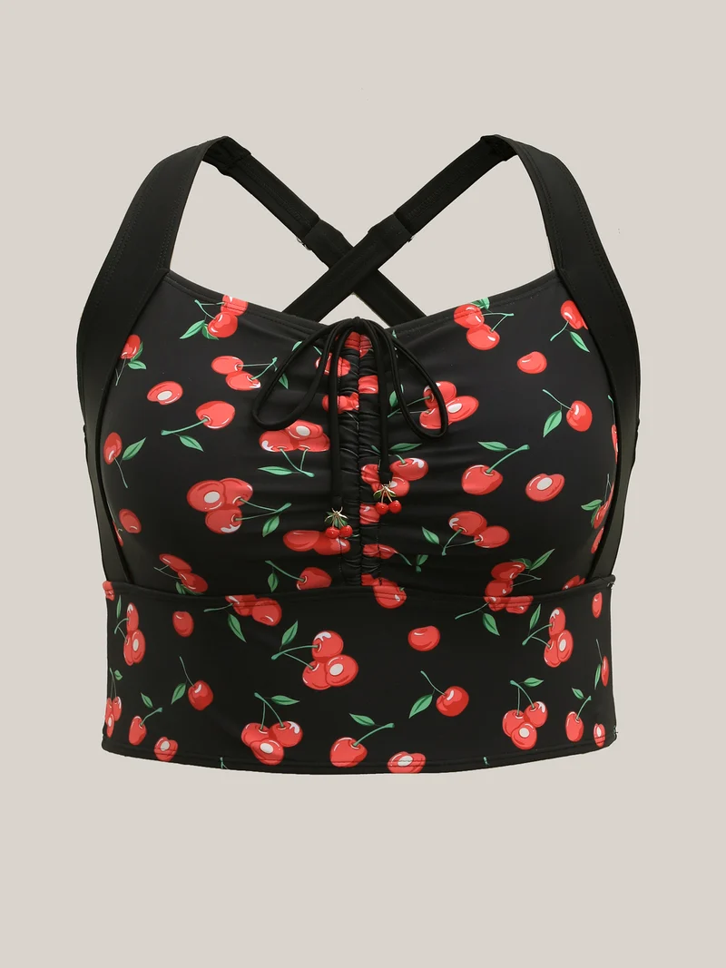 Cherry Print Ruched Drawstring Swim Top