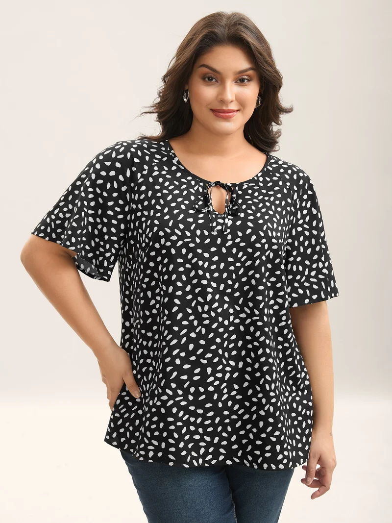 Petal Print Neck Tie Flowy Blouse