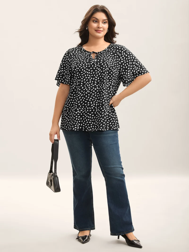 Petal Print Neck Tie Flowy Blouse