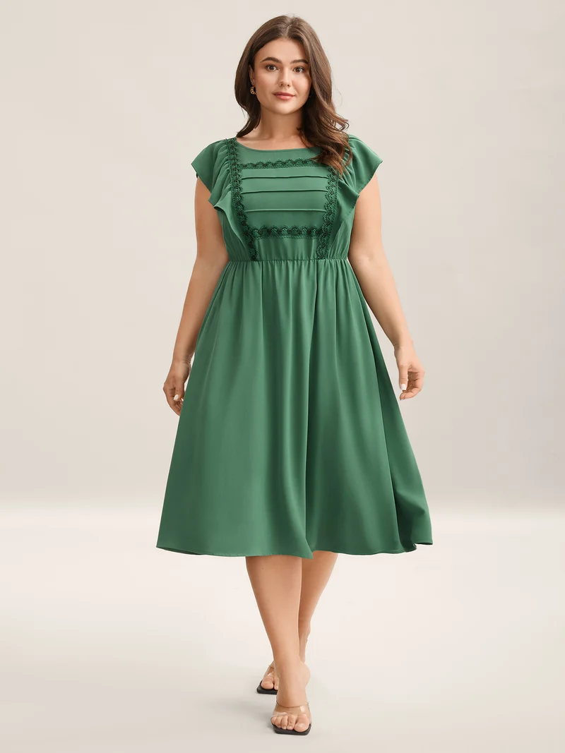 Lace Trim Pleated Ruffled Sleeve Midi Dress