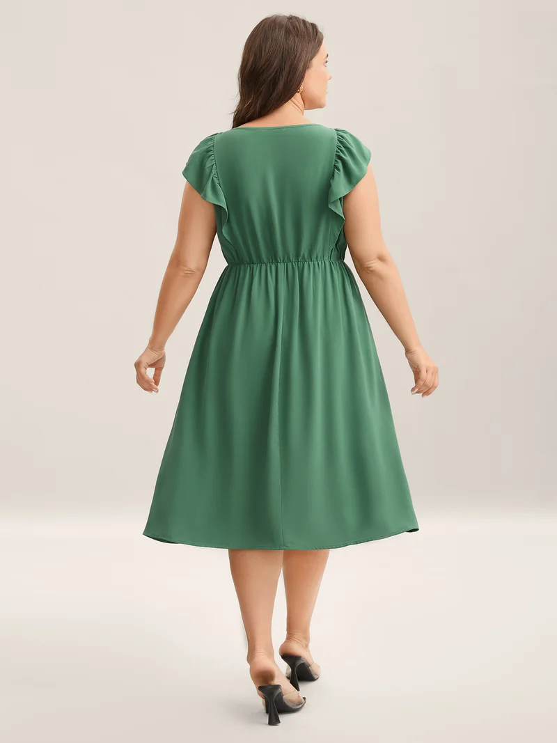 Lace Trim Pleated Ruffled Sleeve Midi Dress