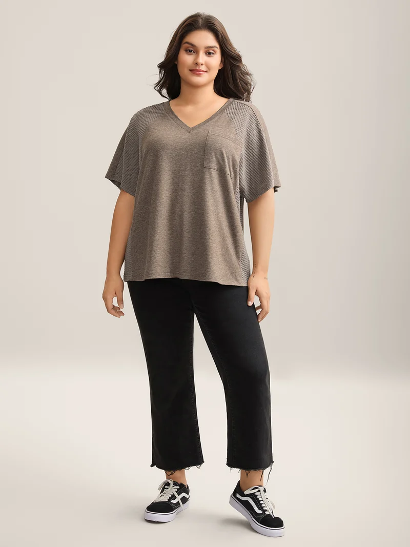 Waffle V-Neck Pocket Plain T-Shirt