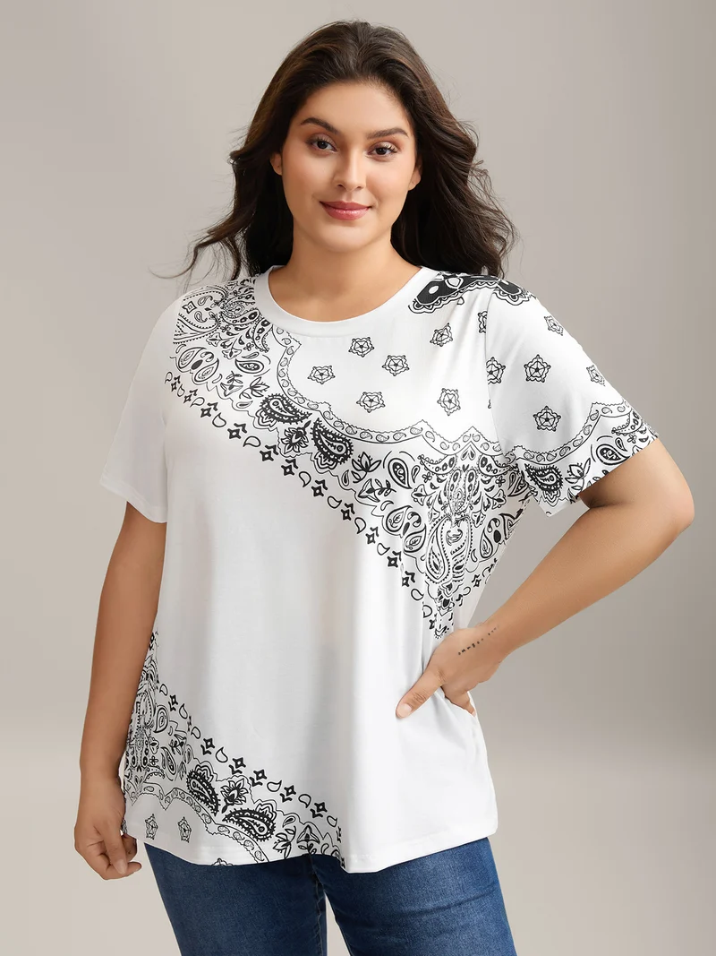 Boho Print Plain Crewneck T-Shirt