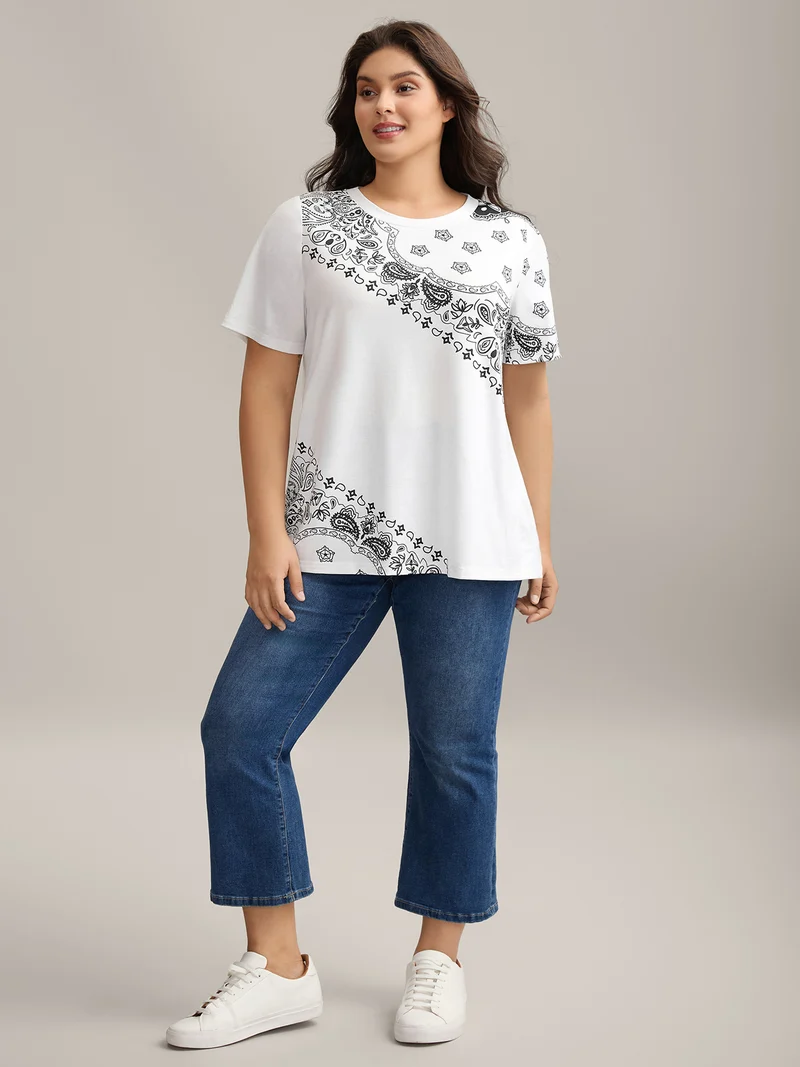 Boho Print Plain Crewneck T-Shirt