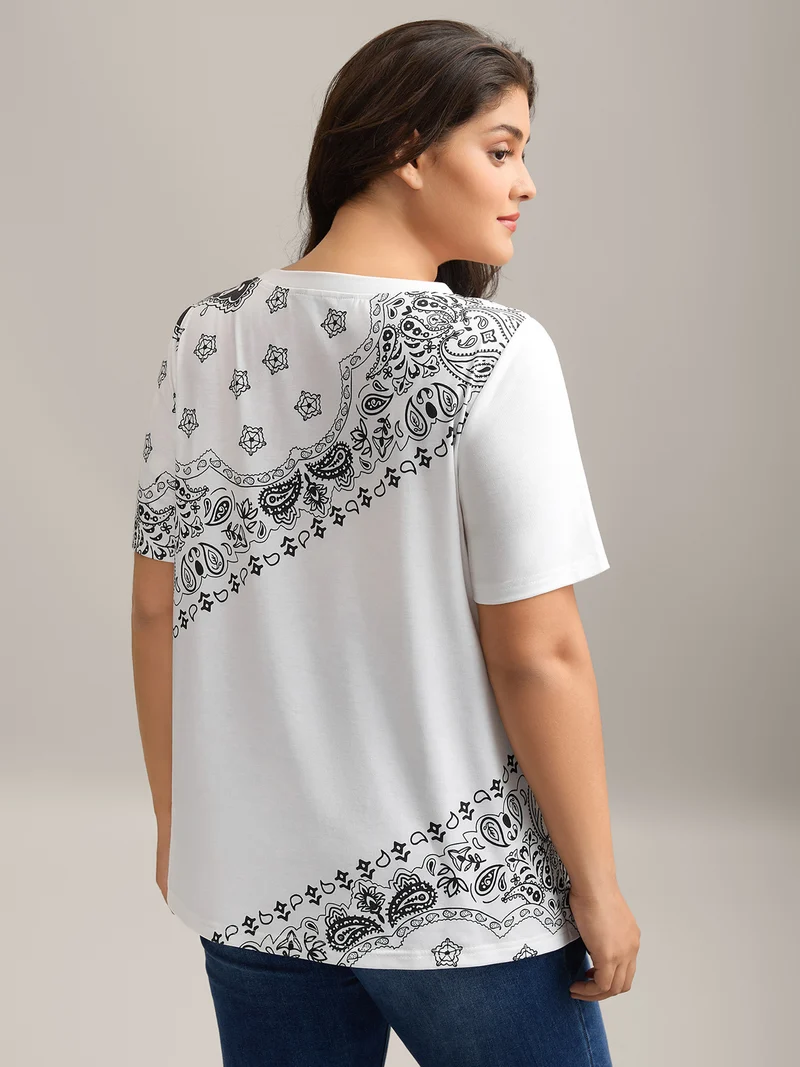 Boho Print Plain Crewneck T-Shirt