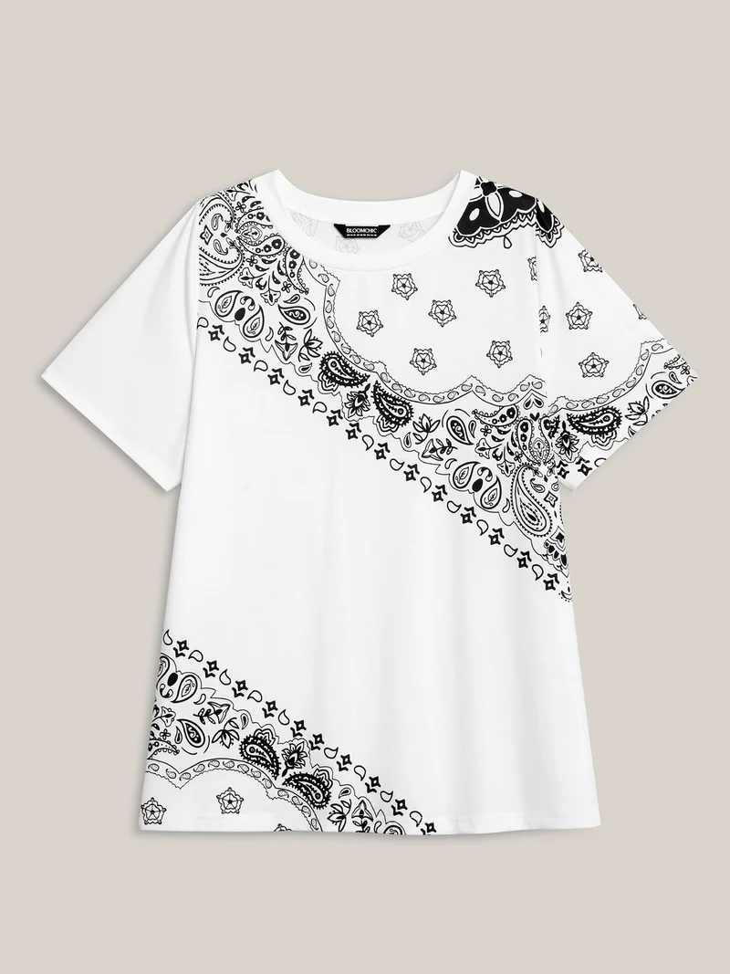 Boho Print Plain Crewneck T-Shirt