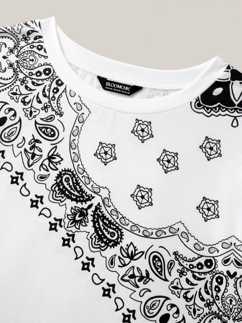 Boho Print Plain Crewneck T-Shirt