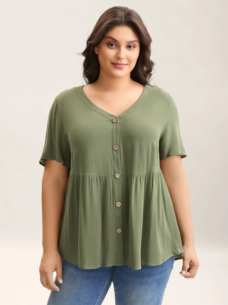Textured Button Placket V-Neck Shirt
