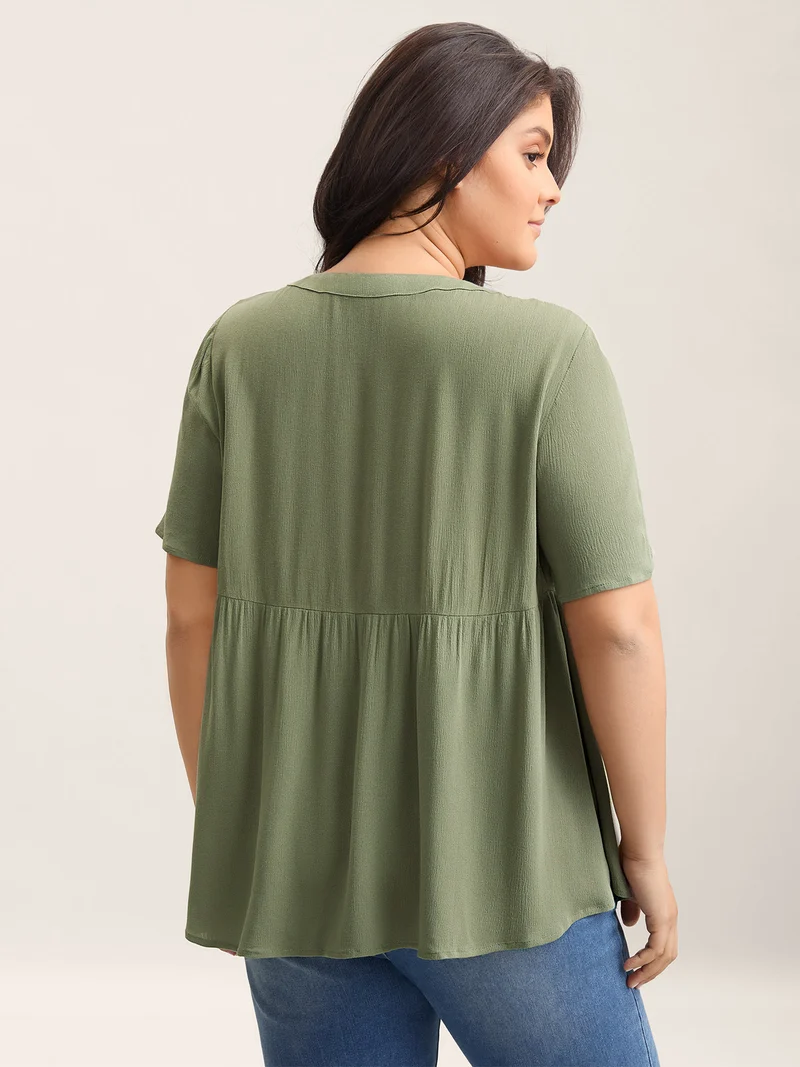 Textured Button Placket V-Neck Shirt