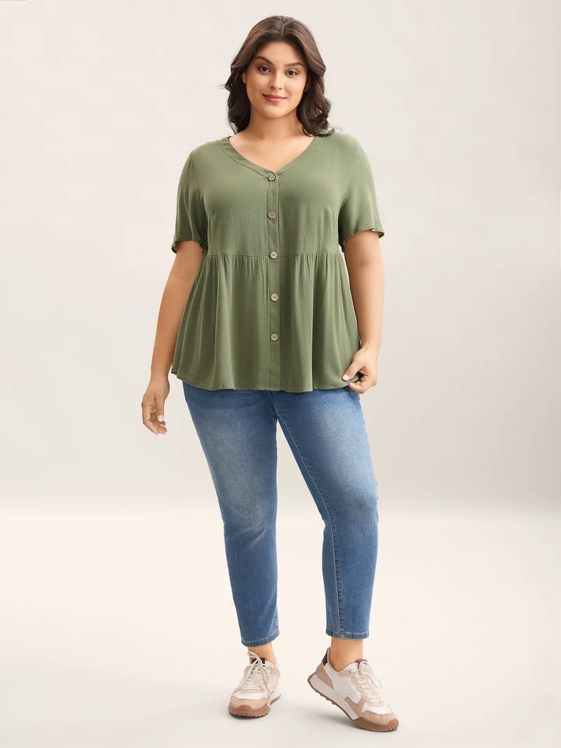 Textured Button Placket V-Neck Shirt