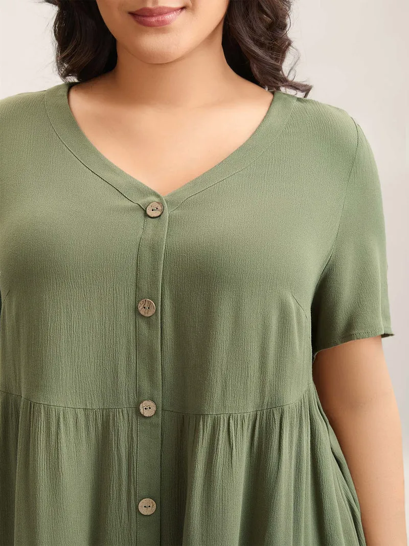Textured Button Placket V-Neck Shirt