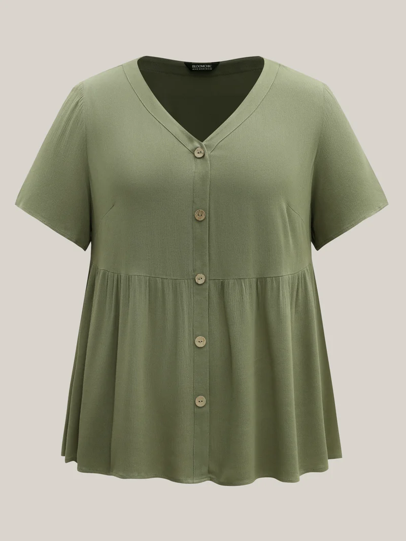 Textured Button Placket V-Neck Shirt