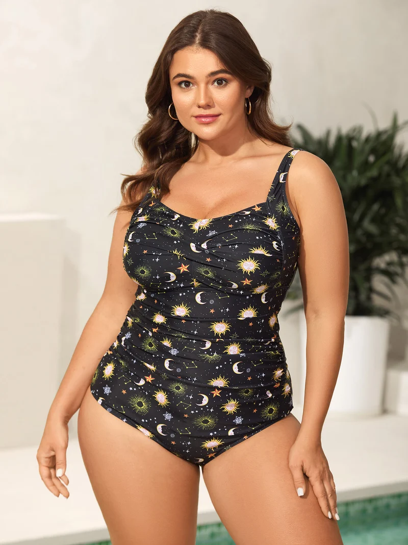 Celestial Print Ruched One-Piece Swimsuit