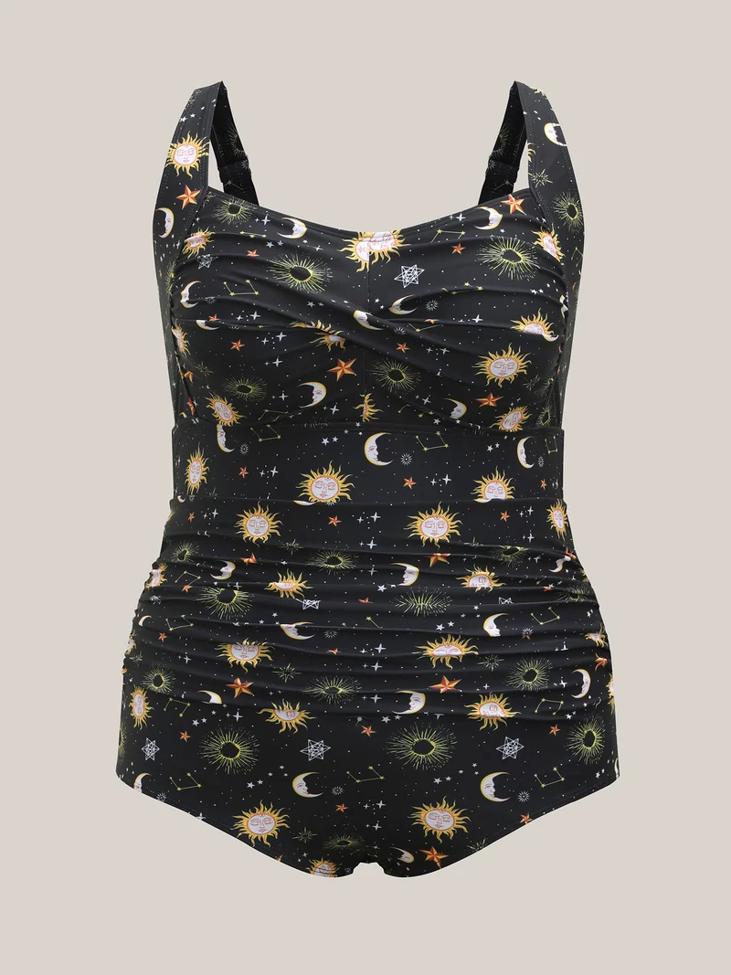 Celestial Print Ruched One-Piece Swimsuit