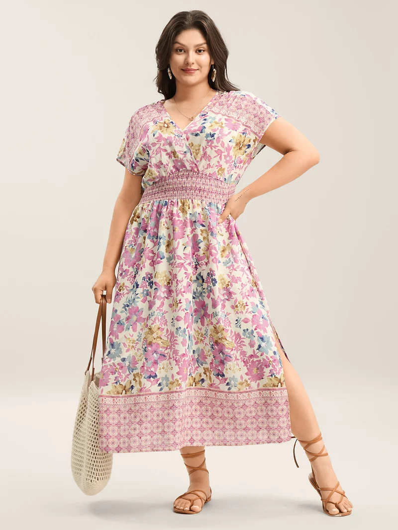 Floral Shirred Waist Slit Midi Dress