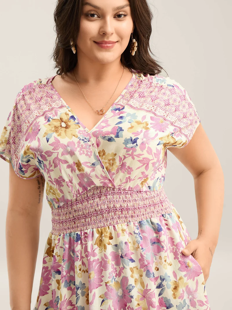 Floral Shirred Waist Slit Midi Dress