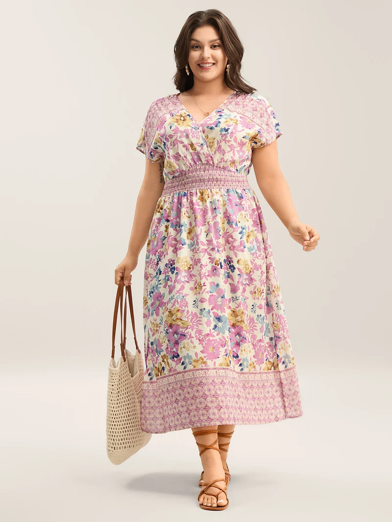 Floral Shirred Waist Slit Midi Dress