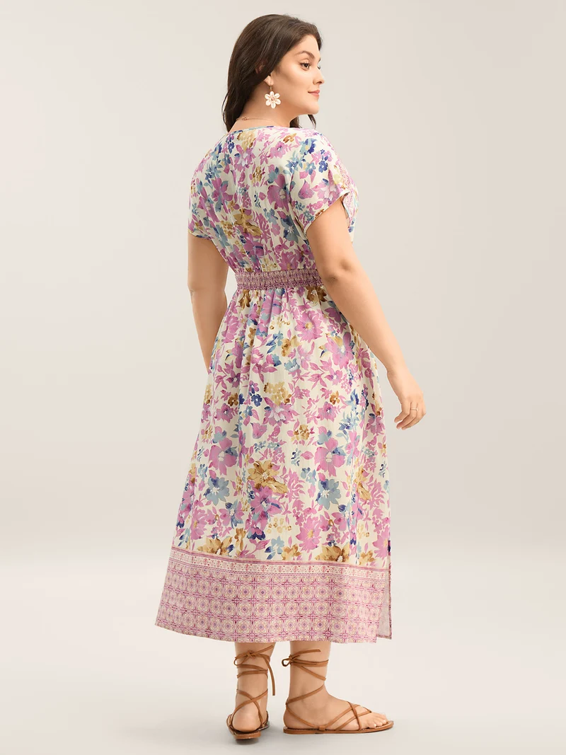 Floral Shirred Waist Slit Midi Dress