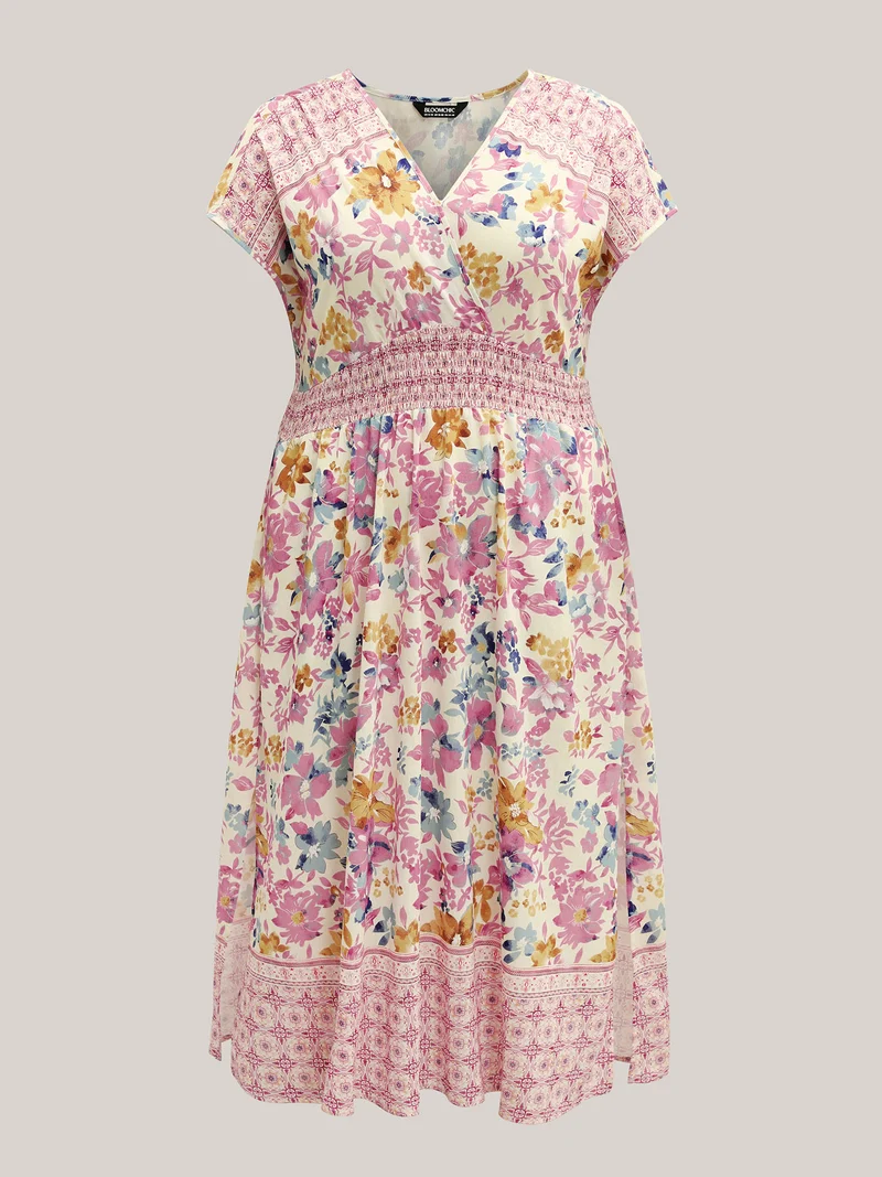 Floral Shirred Waist Slit Midi Dress