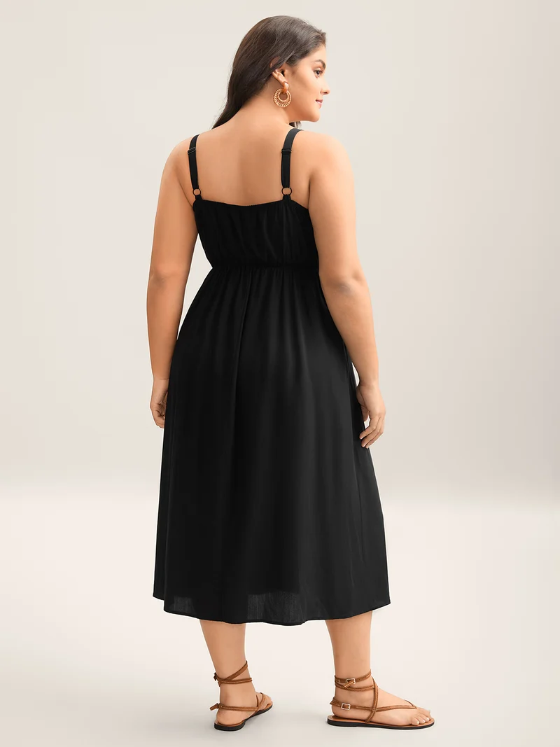 Floral Embroidered Pockets Spliced Midi Dress