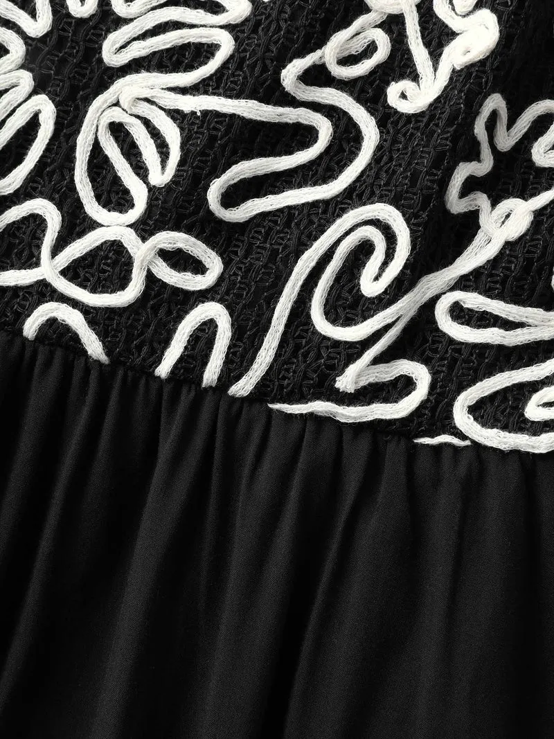 Floral Embroidered Pockets Spliced Midi Dress