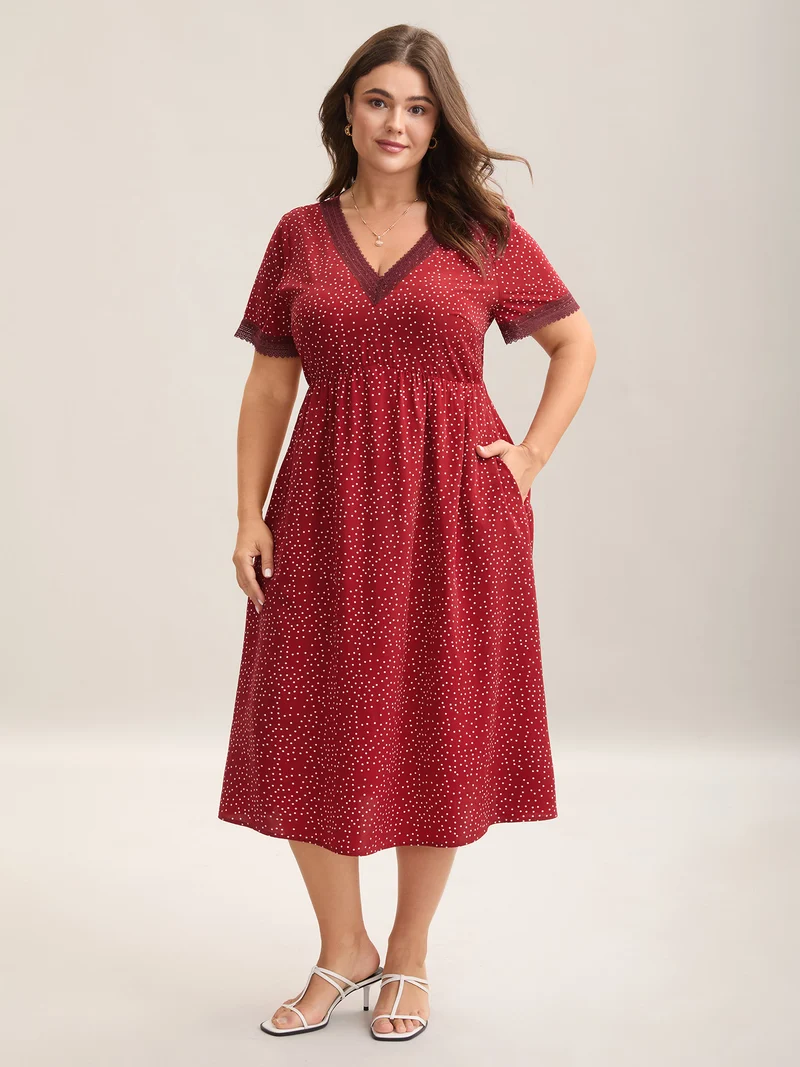 Polka Dots Lace Waist-Cinched Midi Dress