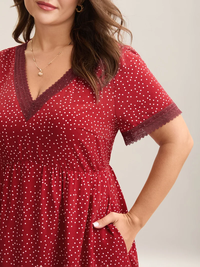 Polka Dots Lace Waist-Cinched Midi Dress