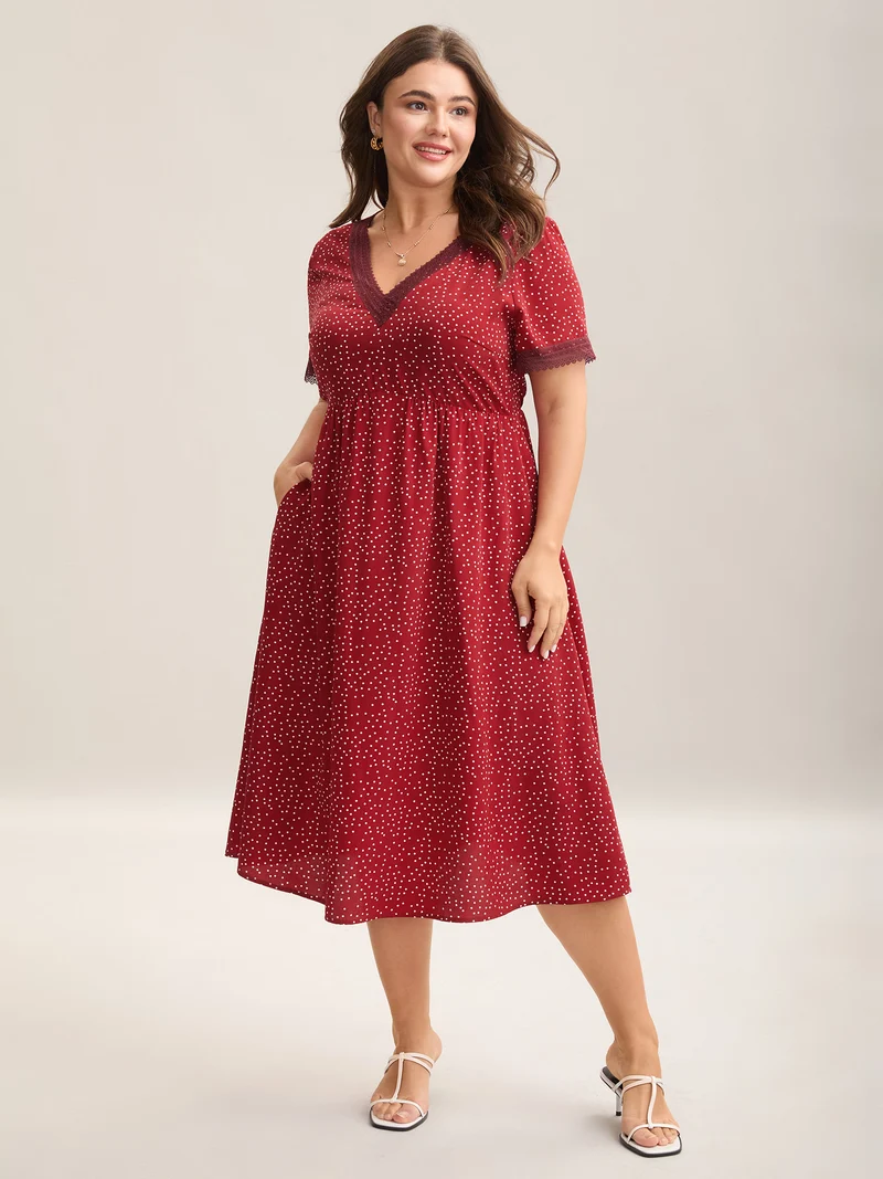 Polka Dots Lace Waist-Cinched Midi Dress