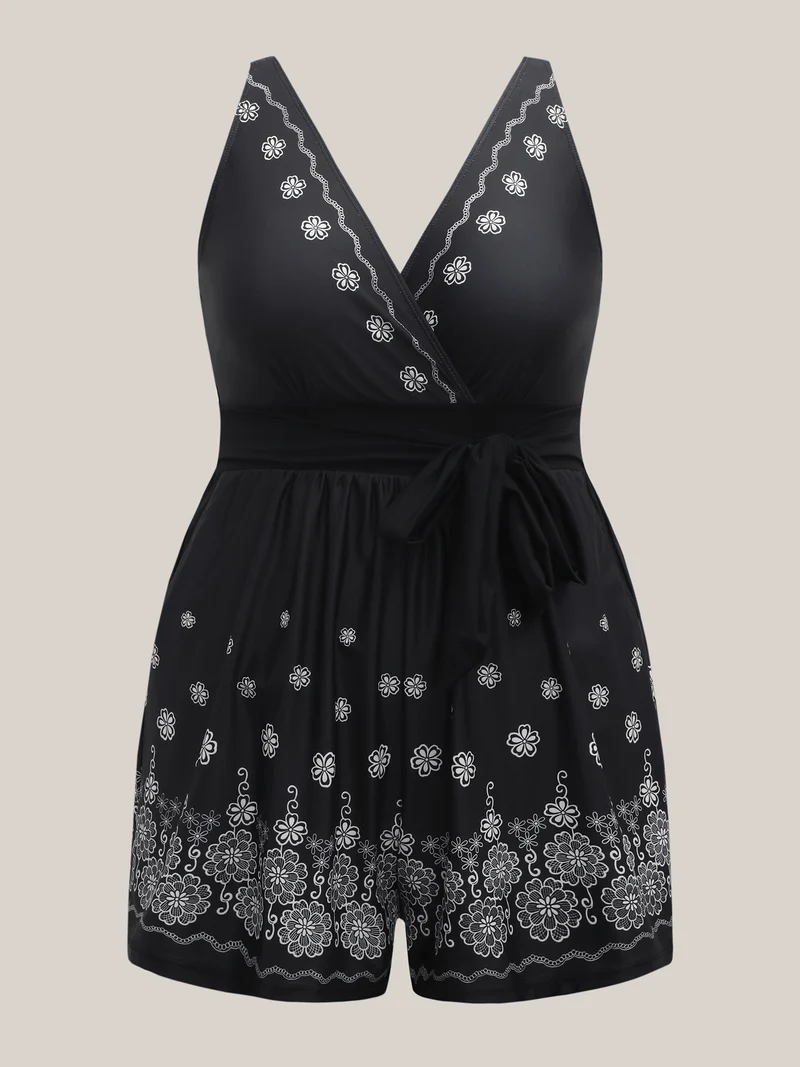 Boho Print Pockets Belted One-Piece Swimsuit