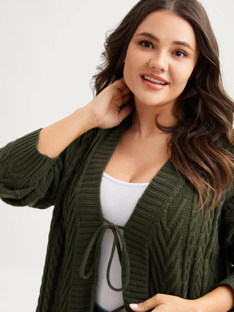 Textured Front-Tie Ribbed Hem Knit Cardigan