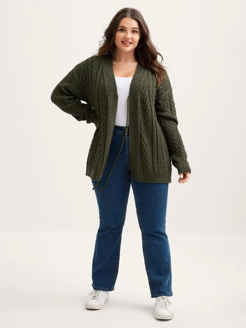 Textured Front-Tie Ribbed Hem Knit Cardigan