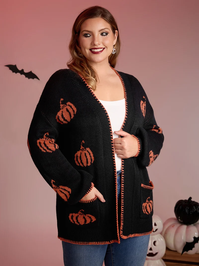 Halloween Pumpkin Print Contrast Knit Cardigan