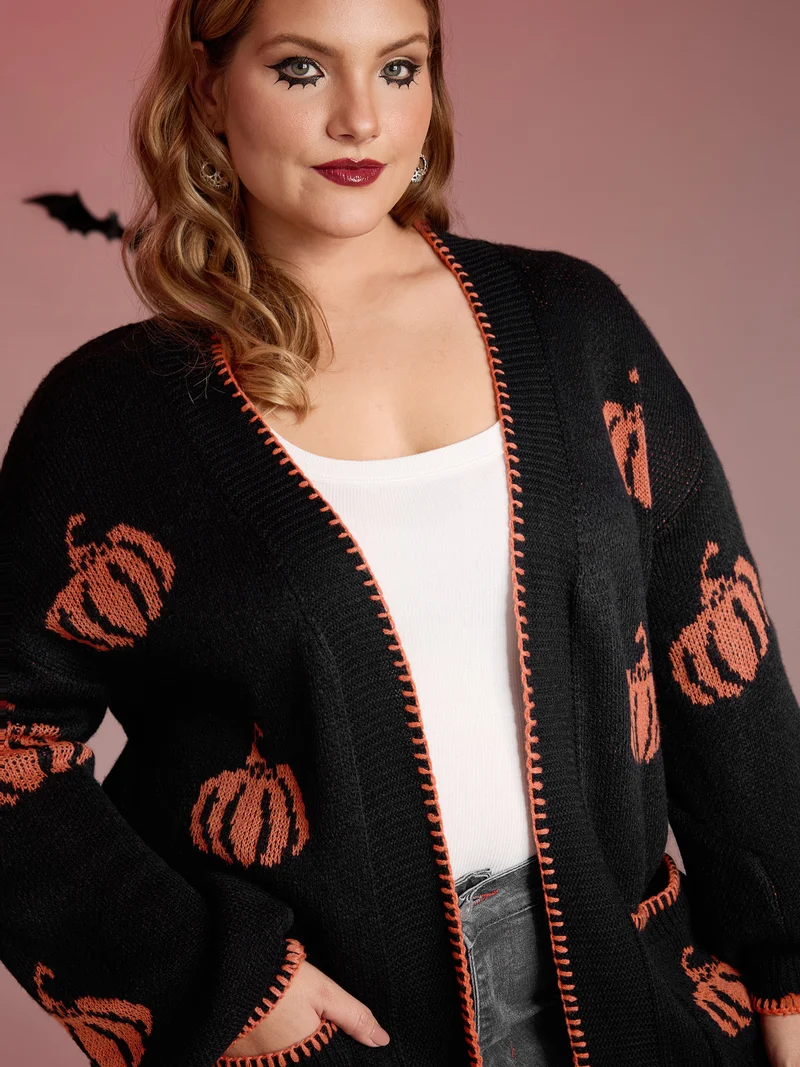 Halloween Pumpkin Print Contrast Knit Cardigan