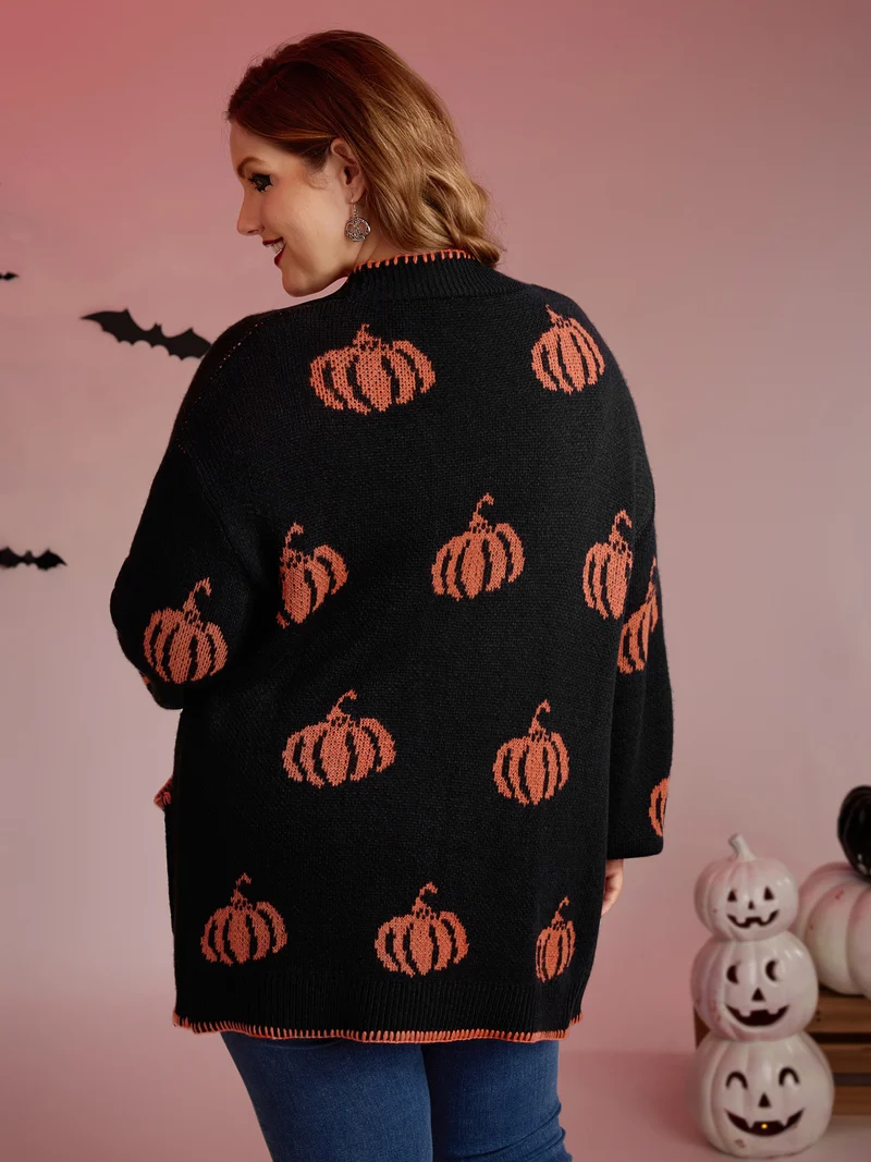 Halloween Pumpkin Print Contrast Knit Cardigan