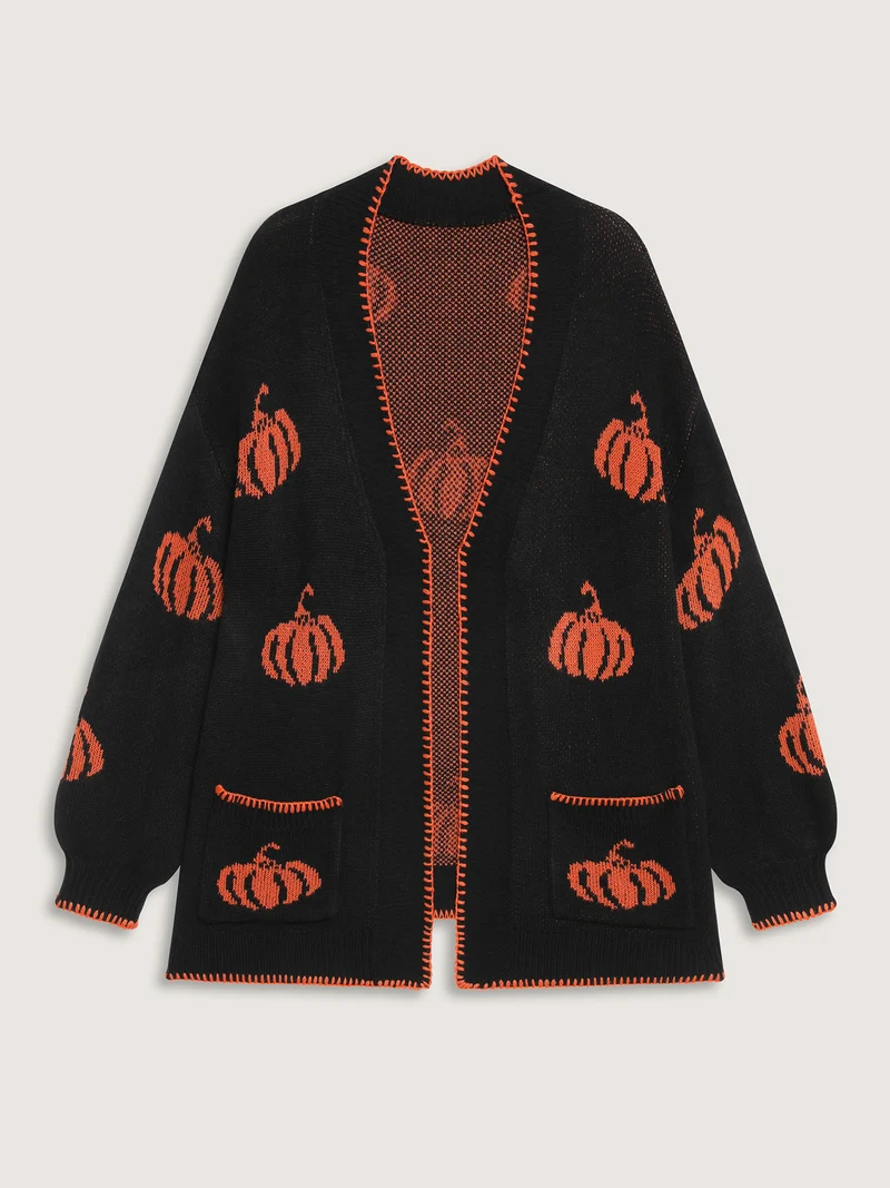 Halloween Pumpkin Print Contrast Knit Cardigan