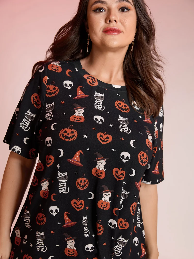 Pumpkin Everywhere Print Overlap Hem T-Shirt