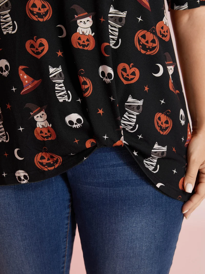 Pumpkin Everywhere Print Overlap Hem T-Shirt
