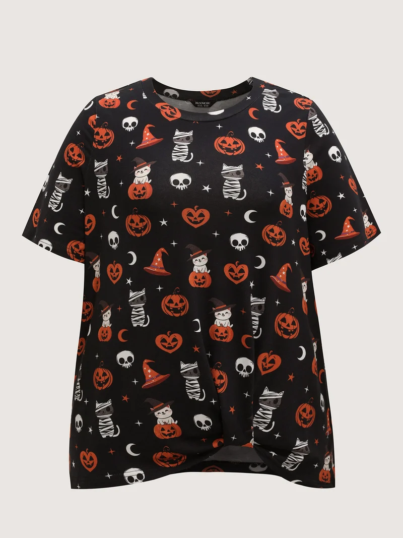 Pumpkin Everywhere Print Overlap Hem T-Shirt