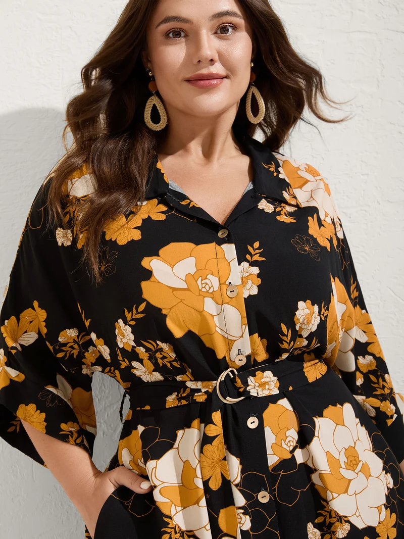 Large Flower Print Button Slit Maxi Dress
