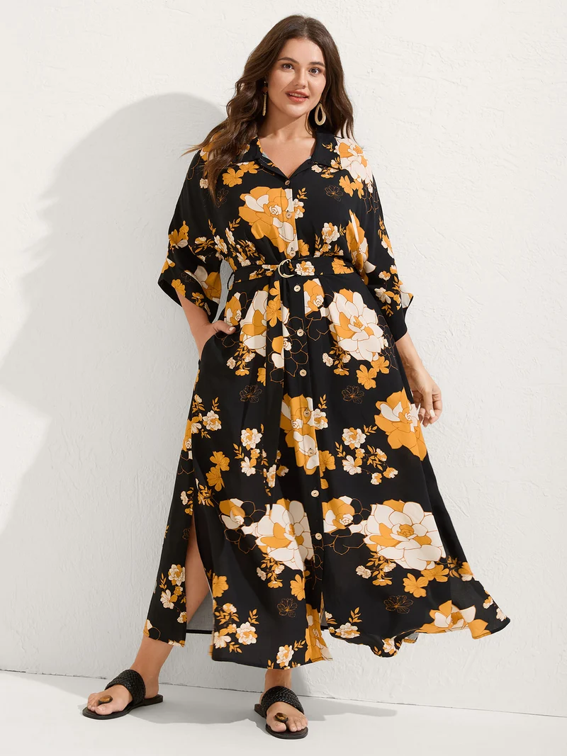 Large Flower Print Button Slit Maxi Dress