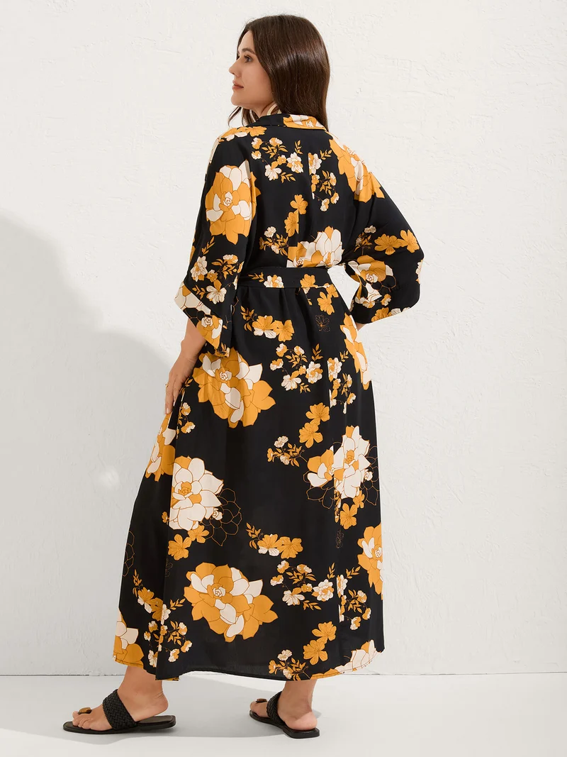 Large Flower Print Button Slit Maxi Dress