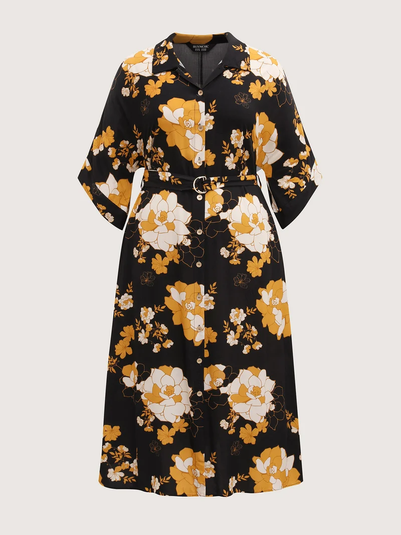 Large Flower Print Button Slit Maxi Dress