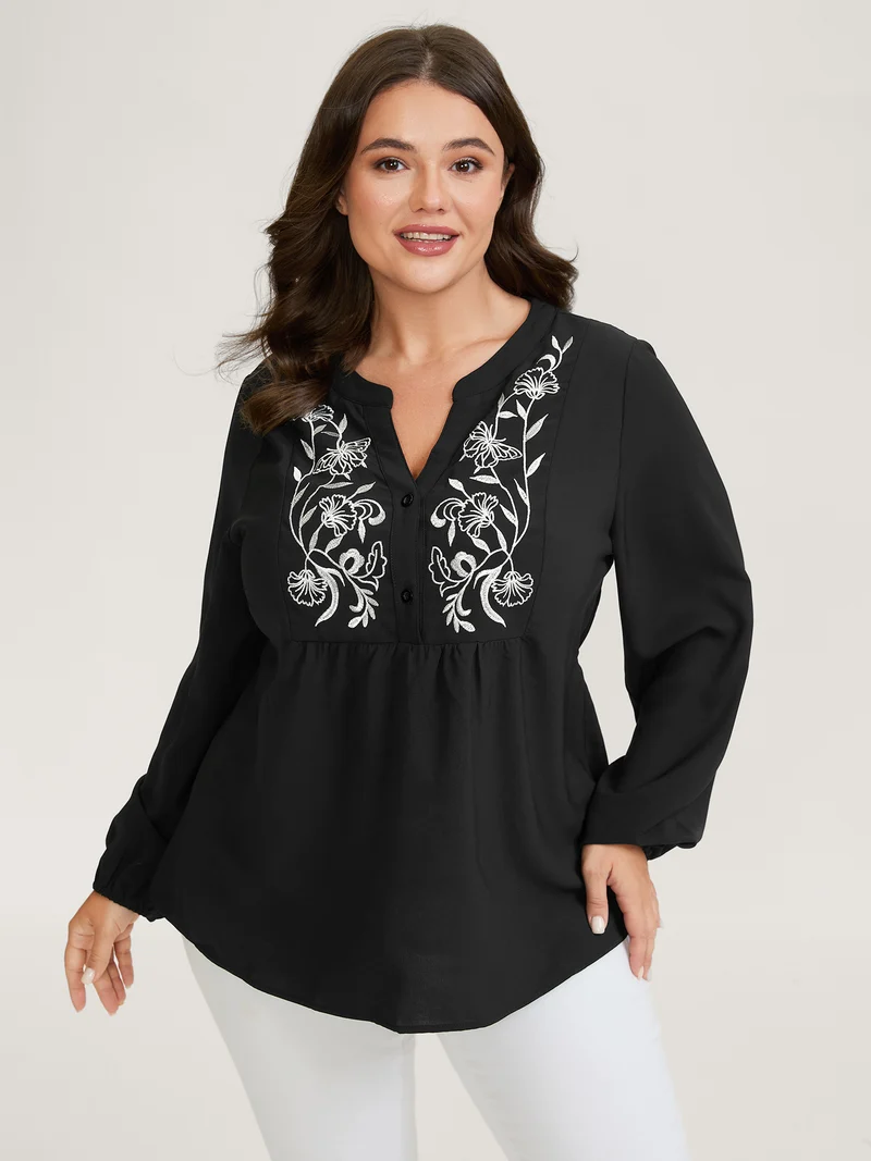 Color Contrast Embroidery Flared Blouse